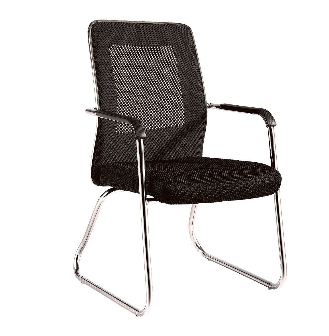 A modern black mesh office chair with a curved chrome metal frame